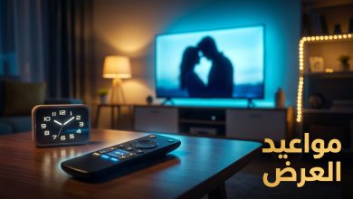 تصميم يعرض شاشة تلفاز وغرفة جلوس لتمثيل مواعيد عرض مسلسل حب على ورق